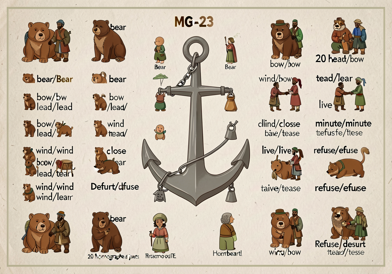MG-23 anchor: 20 homograph pairs with pronunciation notes. Bear/bear, bow/bow, lead/lead, tear/tear, wind/wind, close/cl