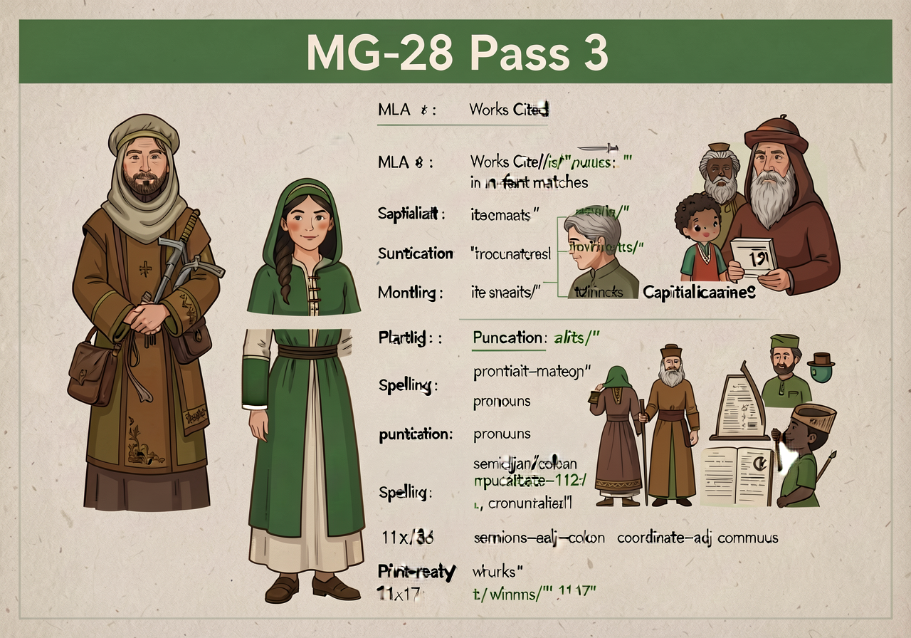 MG-28 Pass 3 panel: 12 criteria (MLA formatting, Works Cited, in-text matches, italics/quotes, spelling, capitalization,