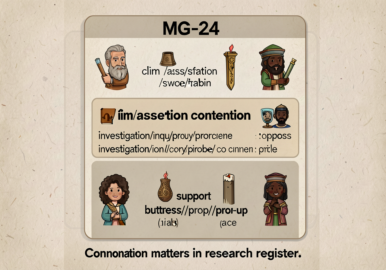 MG-24 anchor: 3-row card showing similar-denotation words with different connotations (claim/assertion/contention; inves