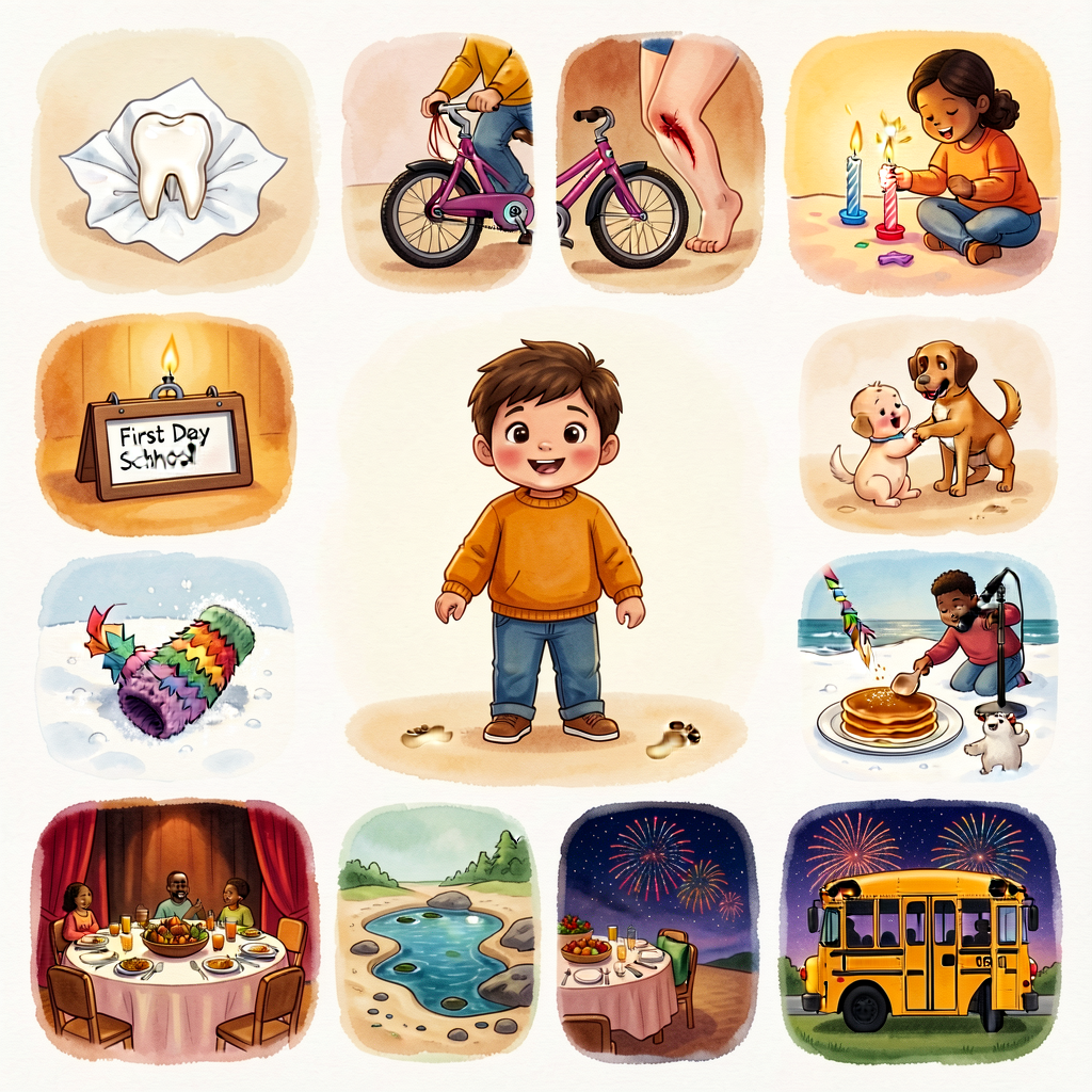 Photograph set of 14 small-moment narrative prompts: a lost tooth in a tissue, a bike scrape on a knee, a birthday candl