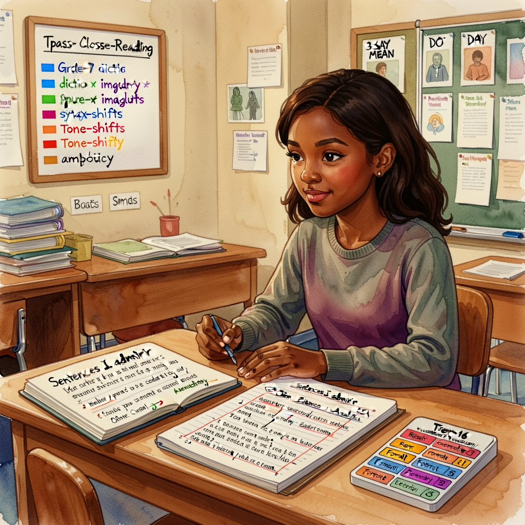 Unit-opener: a Grade-7 analyst at a workspace with a literary passage marked in 5 colors (blue diction / green imagery /