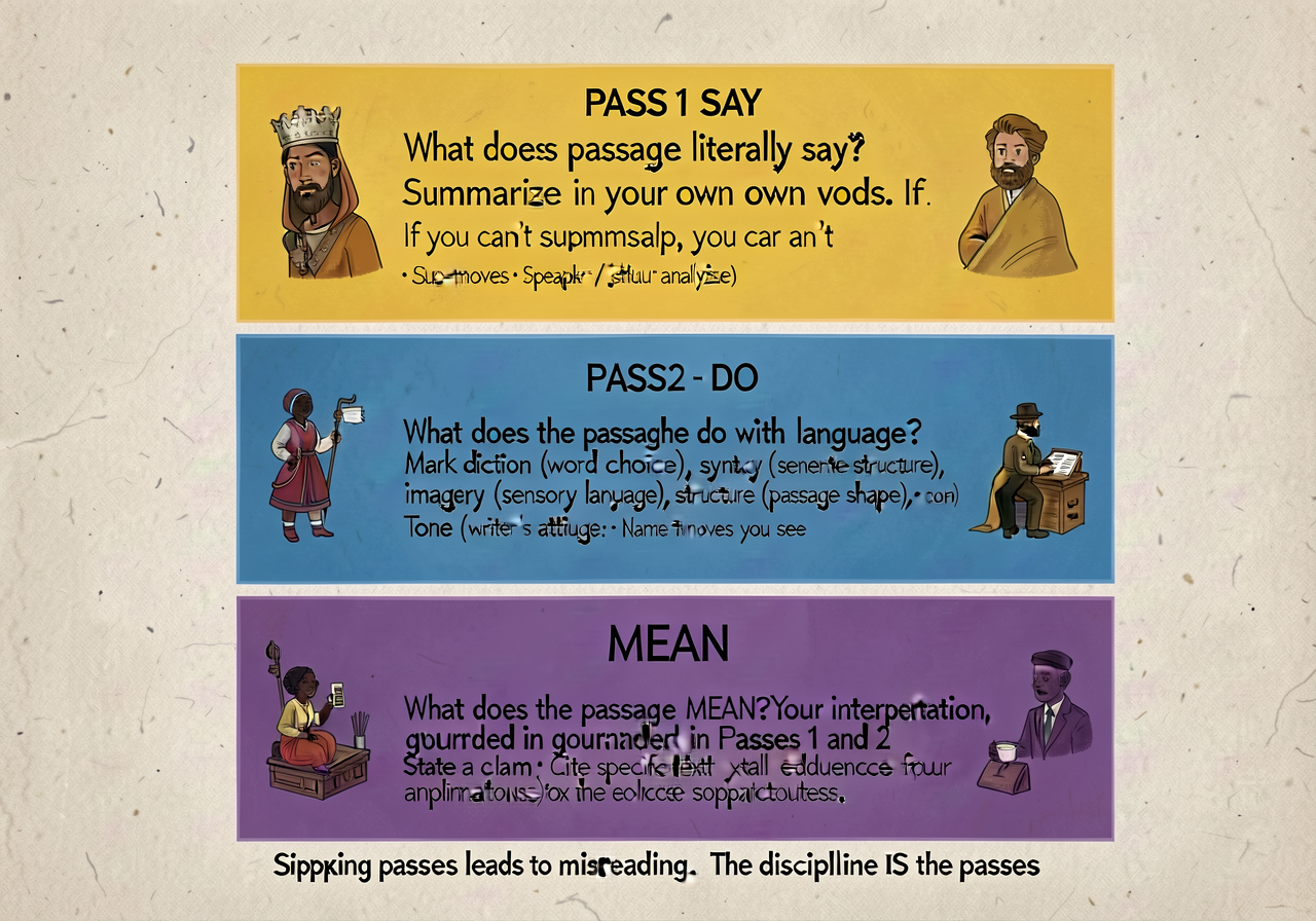 Close-reading 3-pass anchor: 3-band stacked card. PASS 1 — SAY (yellow band): 'What does the passage literally say? Summ