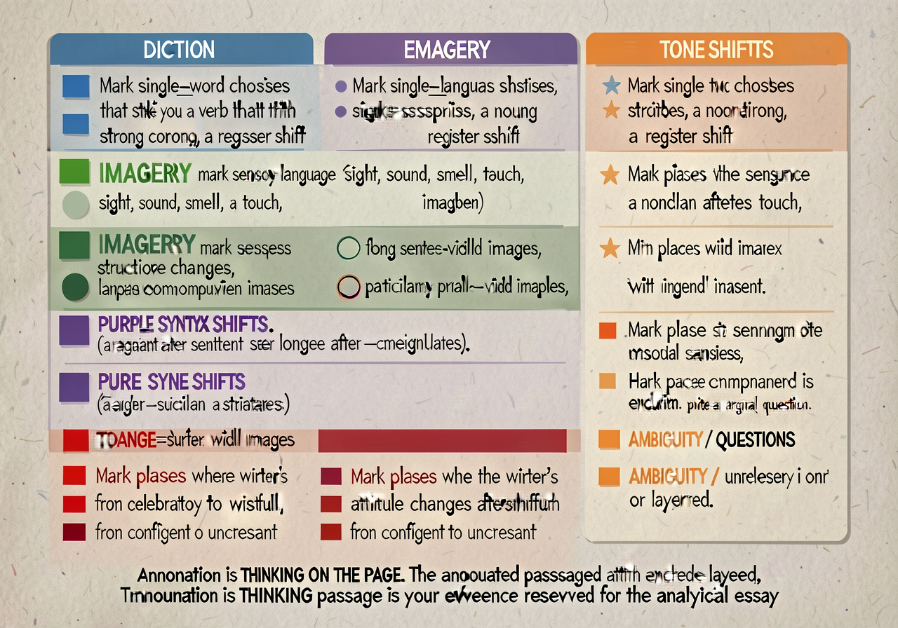5-color annotation toolkit anchor: 5-band card explaining what each highlighter color marks. BLUE — DICTION: mark single
