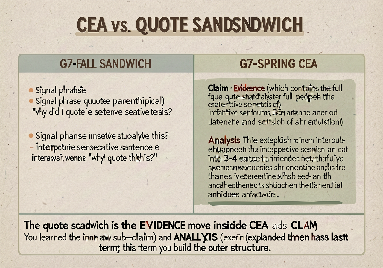 CEA vs. Quote Sandwich crosswalk anchor: 2-column card showing the relationship. LEFT COLUMN — G7-FALL QUOTE SANDWICH: s