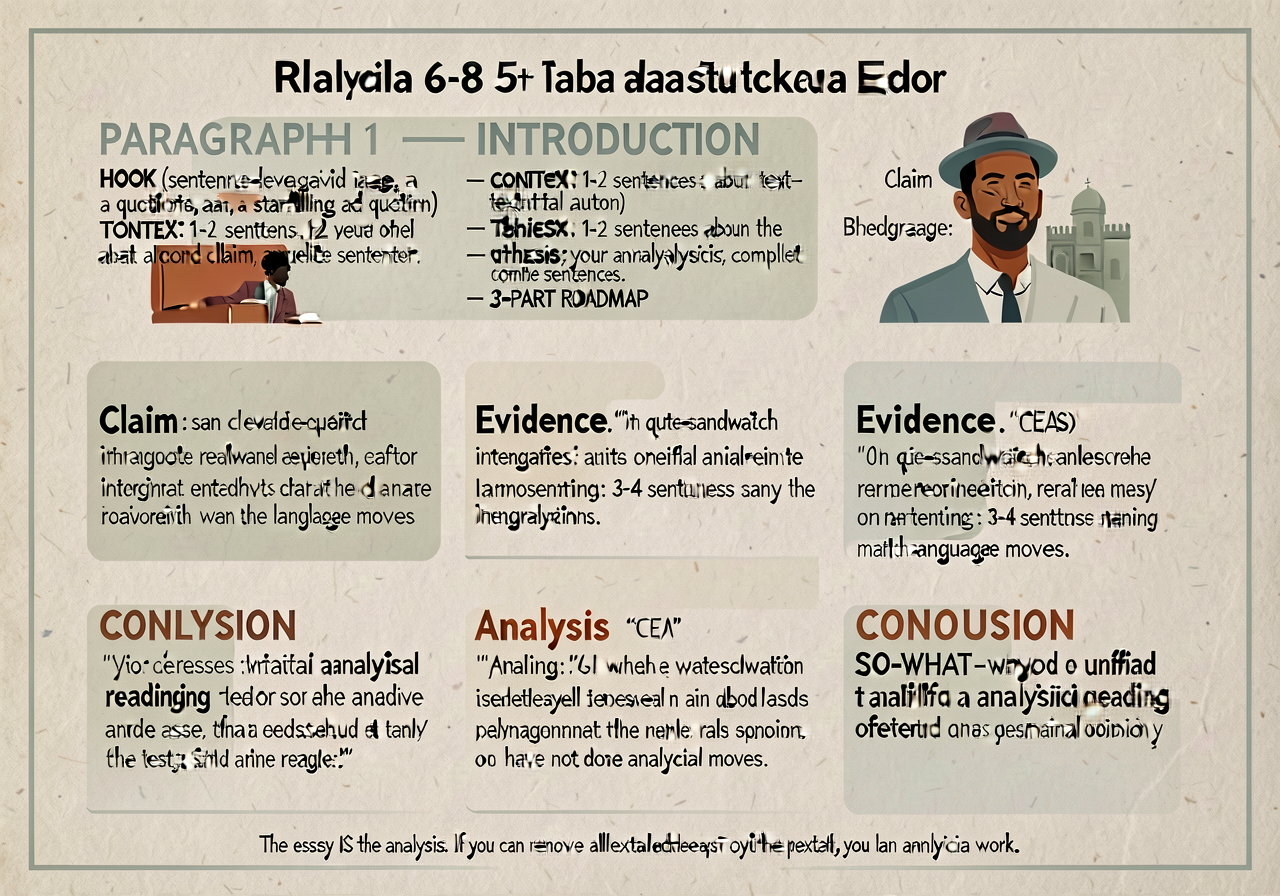 Analytical essay 5-paragraph structural anchor: blueprint card. PARAGRAPH 1 — INTRODUCTION: HOOK (sentence-level engagem