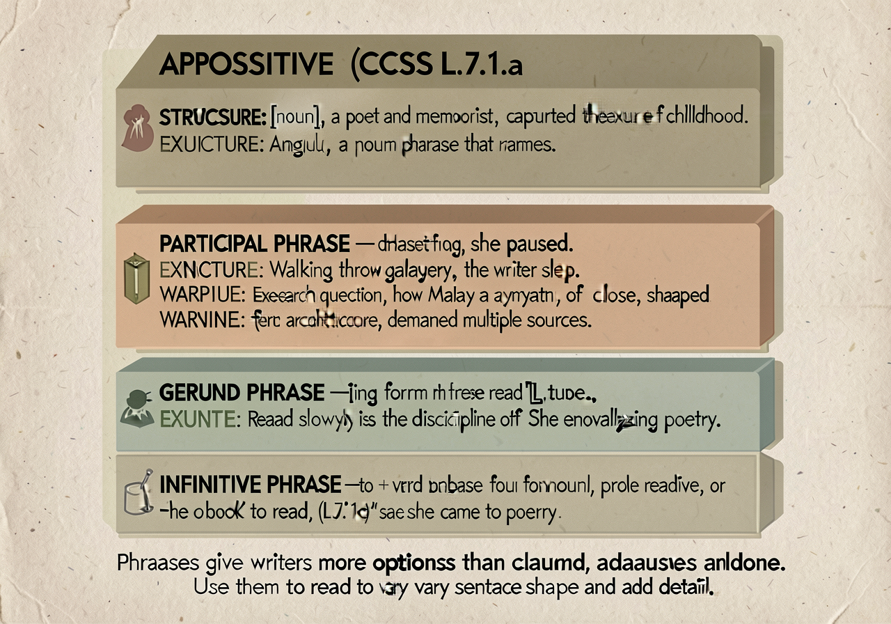 Four phrase types taxonomy anchor (CCSS L.7.1.a): 4-band stacked card with structural visualization. APPOSITIVE PHRASE —