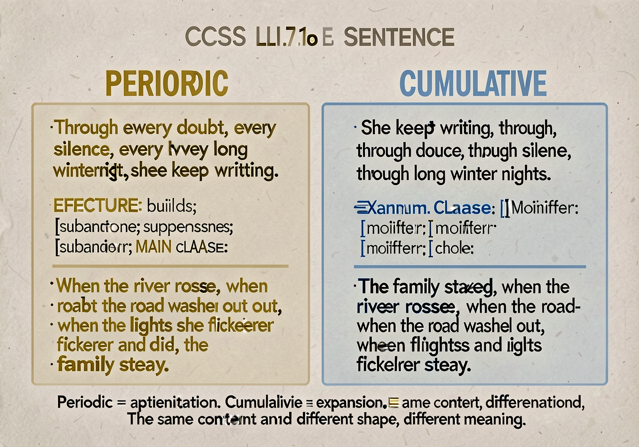 Periodic vs. cumulative sentence anchor (CCSS L.7.1.b applied as craft): 2-column card with diagrammed examples. PERIODI