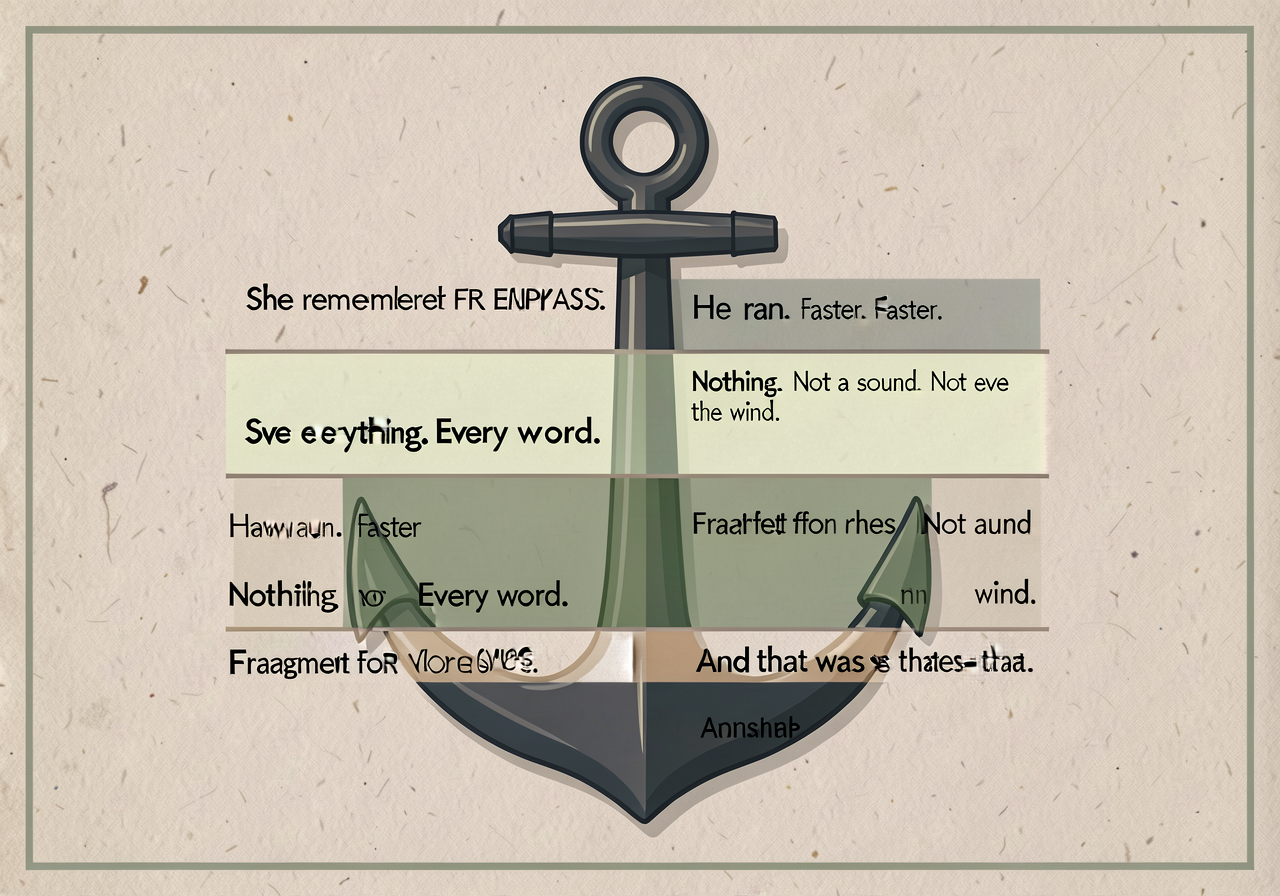Deliberate fragment 4-purpose anchor (CCSS L.7.3 / craft move): 4-band card. FRAGMENT FOR EMPHASIS — a deliberate incomp