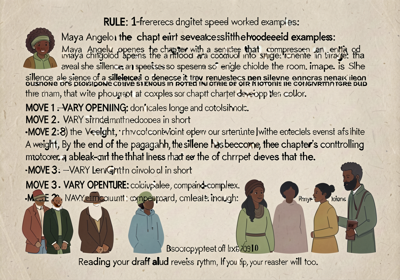 Sentence-length variation rhythm anchor: 1-page reference with worked examples. RULE: vary sentence length within a para