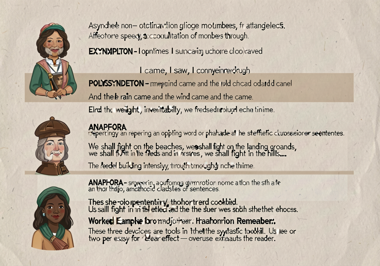 Asyndeton / polysyndeton / anaphora anchor (rhetorical-listing craft moves): 3-band card. ASYNDETON — omitting conjuncti