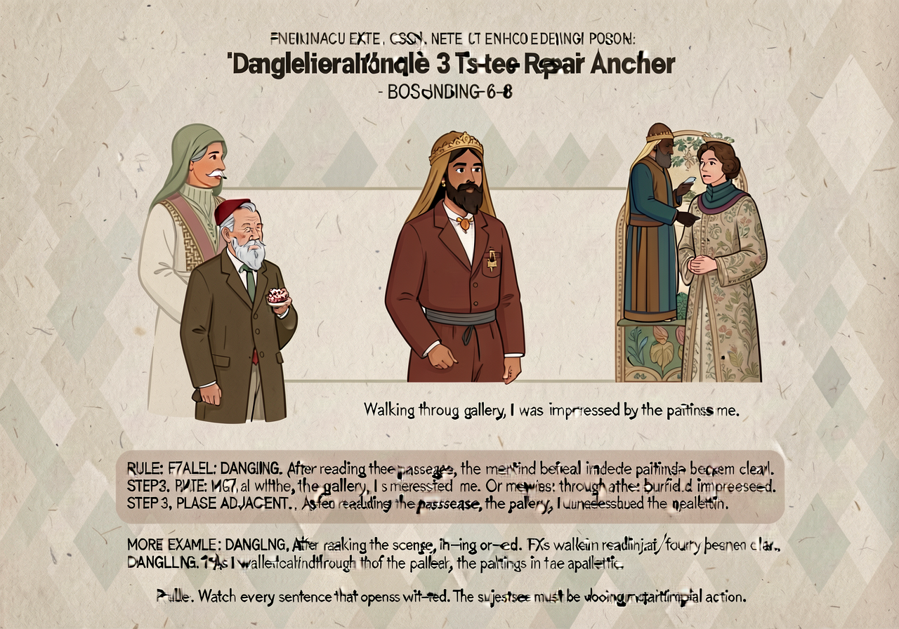Dangling-participle 3-step repair anchor (CCSS L.7.1.c — high-frequency in analytical prose): 3-band card extending G7-f