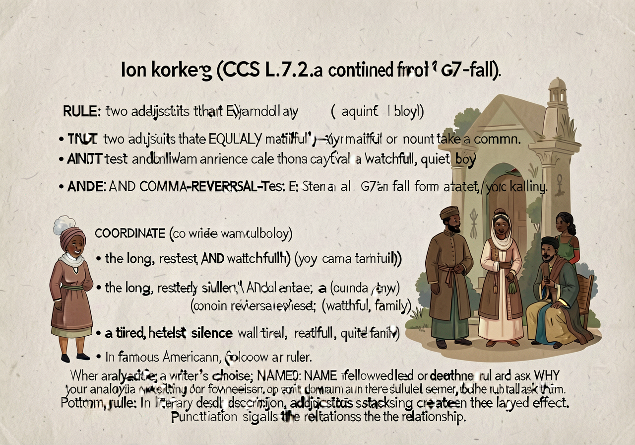 Coordinate adjectives in literary description anchor (CCSS L.7.2.a continued from G7-fall): 1-page reference focused on 