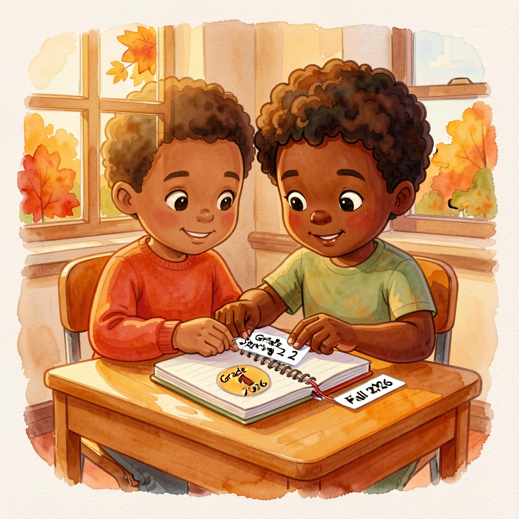 Watercolor illustration of a Grade-2 writer at a desk opening a well-loved writer's notebook with a 'Grade 1 Spring 2026