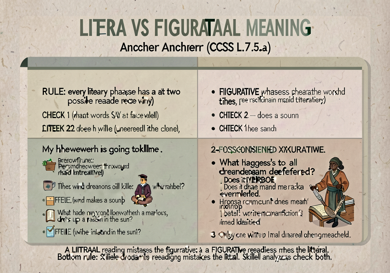 Literal vs. figurative meaning anchor (CCSS L.7.5.a): 2-band card with worked examples. RULE: every literary phrase has 
