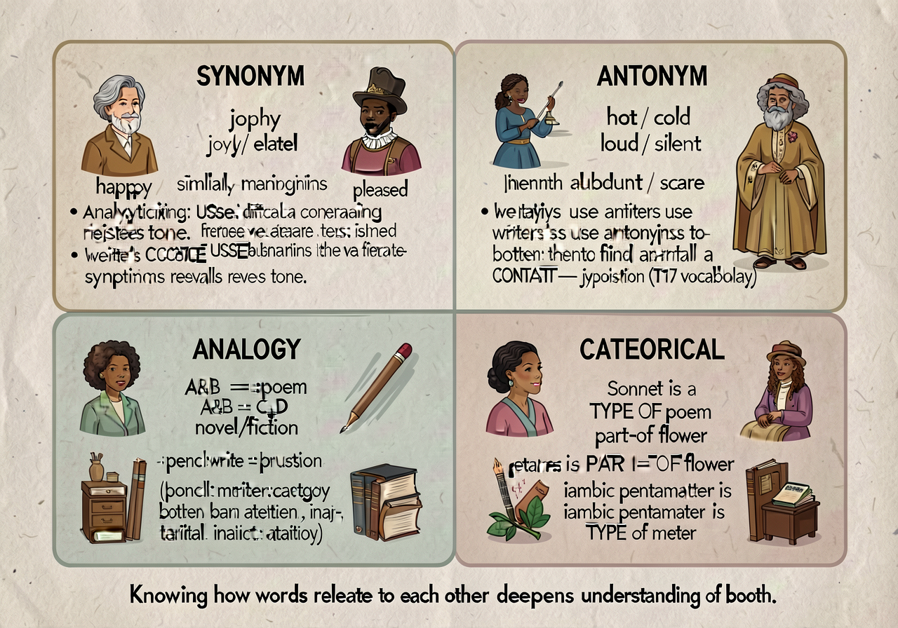 Word-relationship 4-category anchor (CCSS L.7.5.b): 4-quadrant card with examples. QUADRANT 1 — SYNONYM (similar meaning