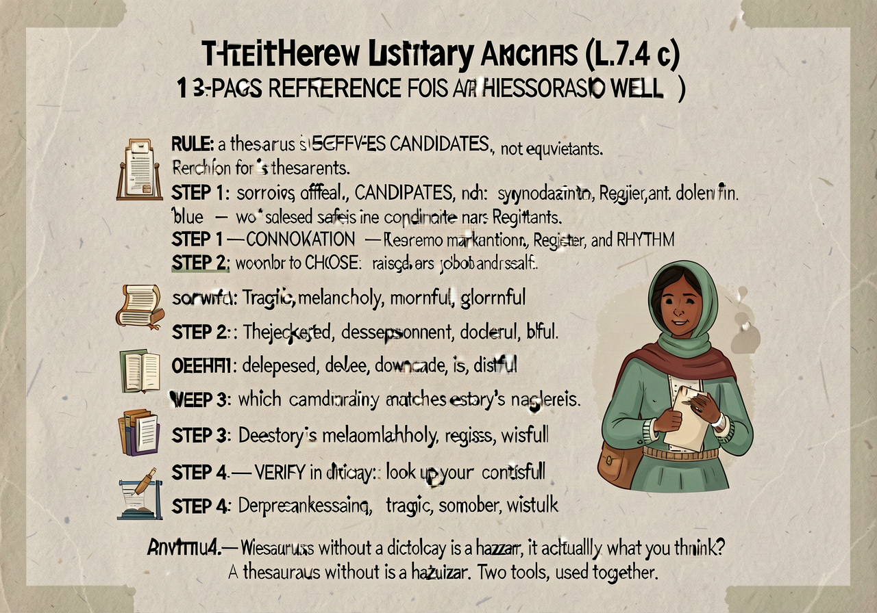 Thesaurus literacy anchor (CCSS L.7.4.c): 1-page reference for using a thesaurus well. RULE: a thesaurus offers CANDIDAT