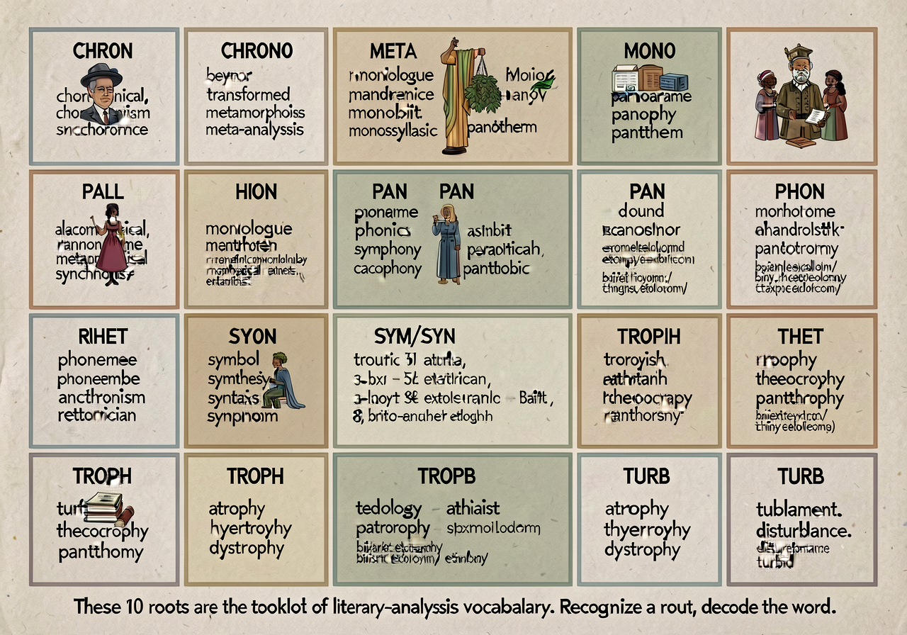 10-root literary-analysis morphology anchor (CCSS L.7.4.b extension): 10-cell grid. CELL 1 — CHRON/CHRONO (time): chrono