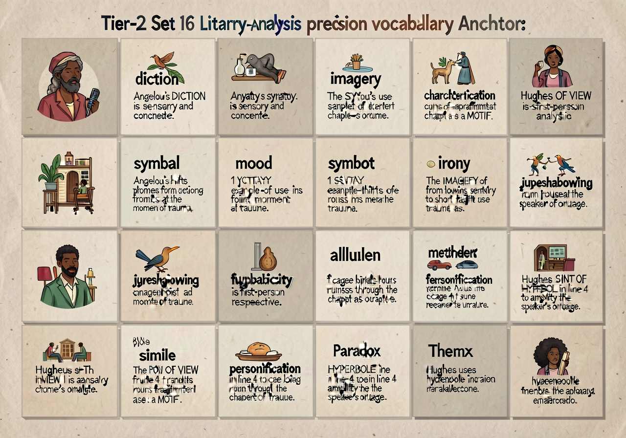 Tier-2 Set 16 literary-analysis precision vocabulary anchor: 20-word grid. WORDS: diction, syntax, imagery, tone, mood, 