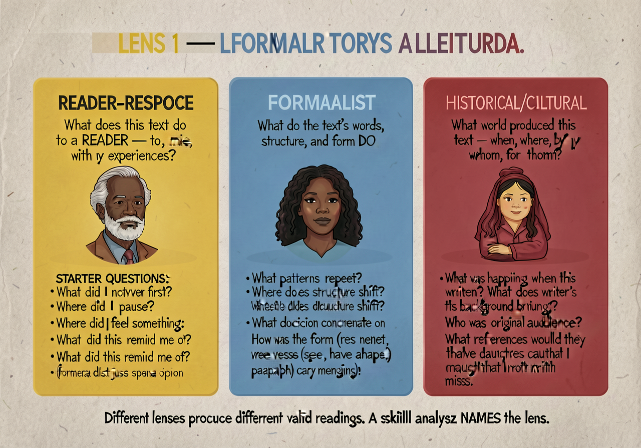 Three literary-theory lenses anchor (intro-level): 3-band card. LENS 1 — READER-RESPONSE (yellow): 'What does this text 