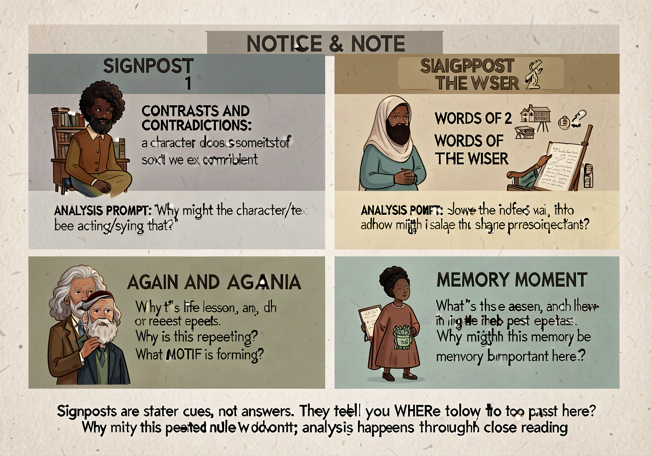 Notice & Note 4-signpost anchor (Beers & Probst, reduced for G7 analytical): 4-band card. SIGNPOST 1 — CONTRASTS AND CON