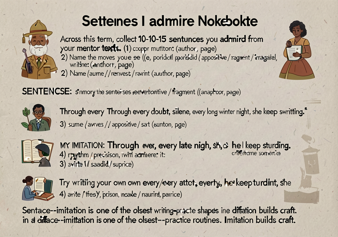 Sentences I admire notebook anchor: 1-page template. INSTRUCTIONS: 'Across this term, collect 10-15 sentences you admire