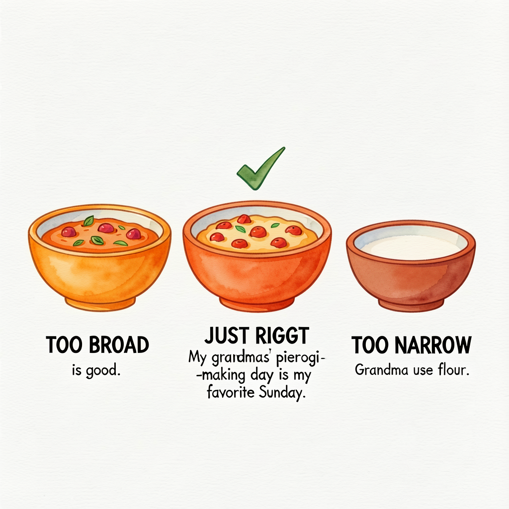 Three-bowl Goldilocks diagram: left bowl too BIG (labeled 'TOO BROAD' with example 'My family is good.'), middle bowl JU