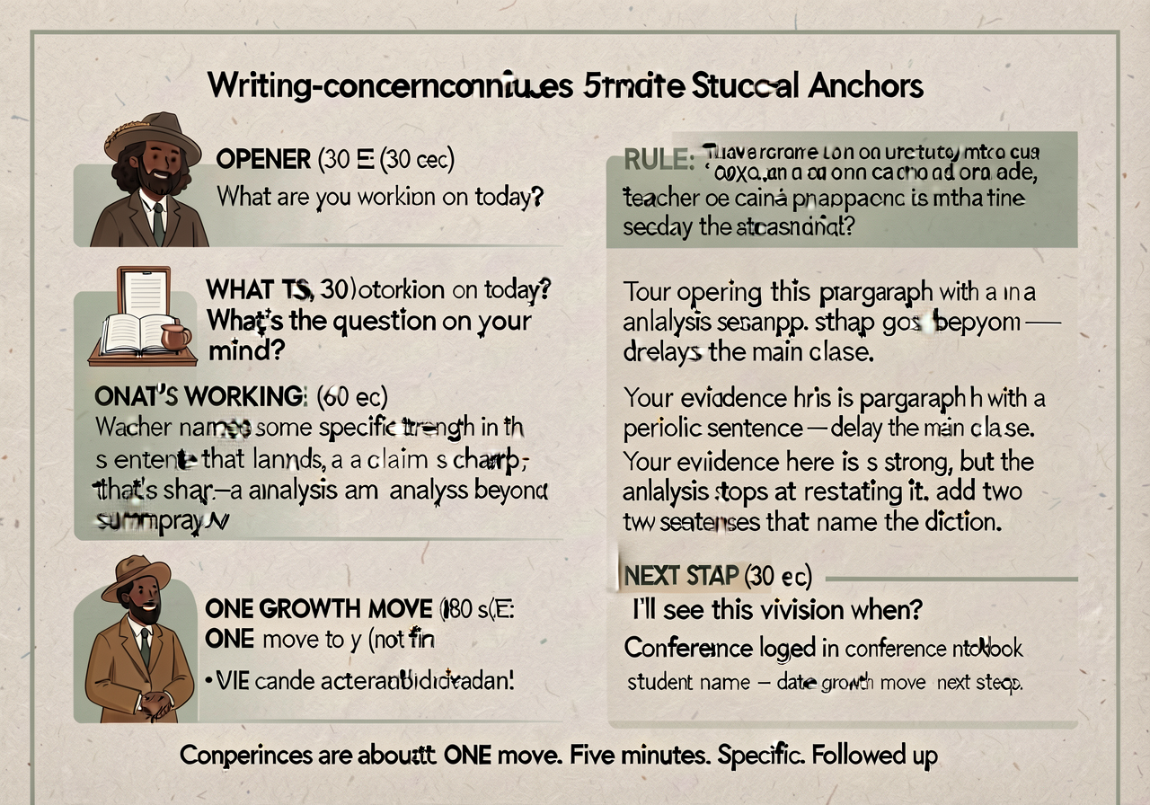 Writing-conference protocol anchor: 5-minute structure card. RULE: a writing conference is 5 minutes, structured. OPENER