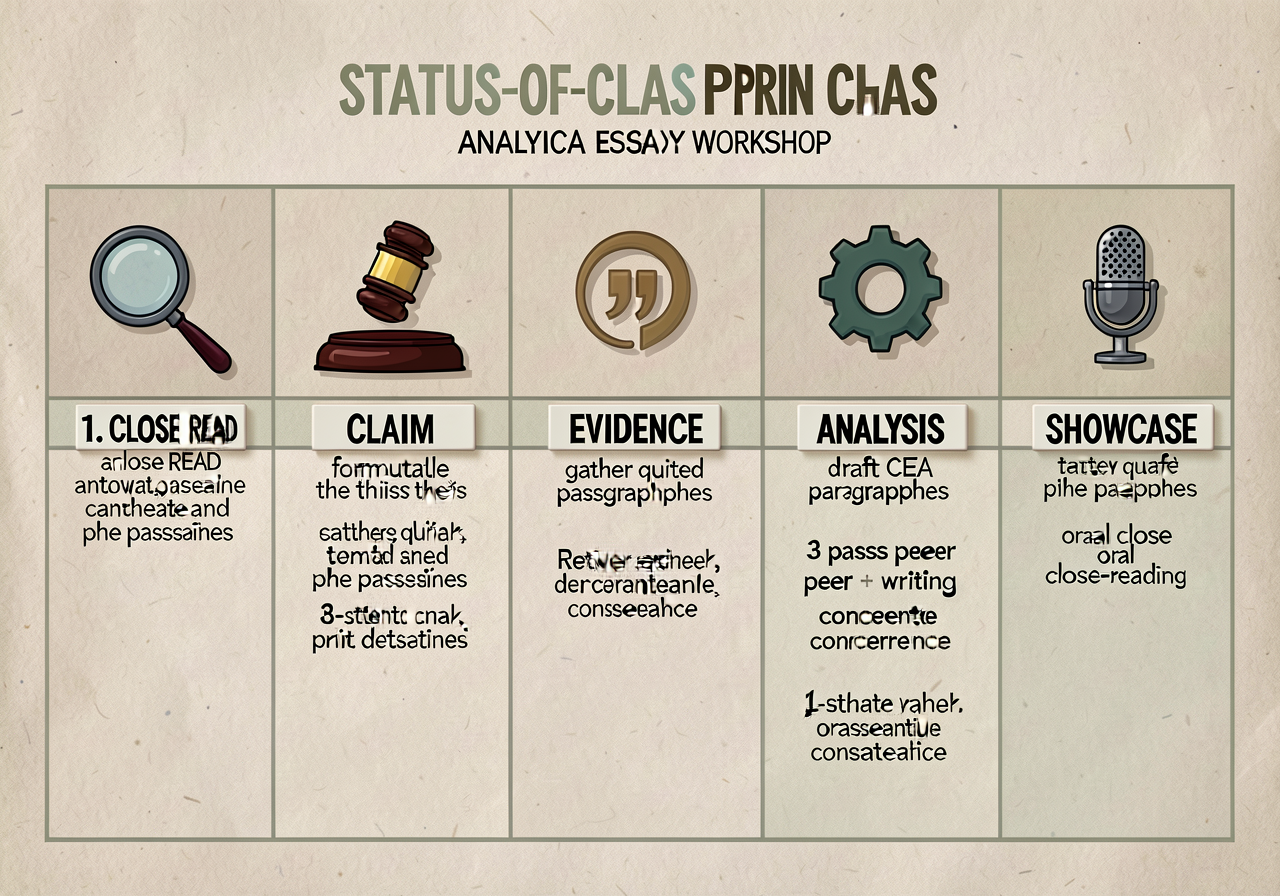 Status-of-class spring chart (analytical-essay workshop): 6-stage horizontal chart for the analytical-essay workflow. ST