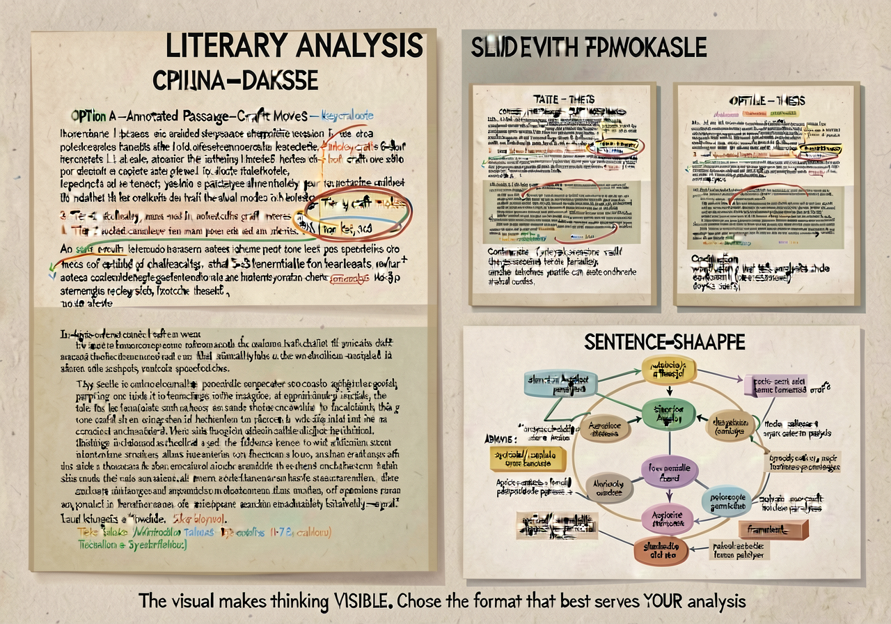 Literary Analysis Showcase visual-aid criteria anchor: 3-option card. RULE: the visual aid MUST make your interpretation