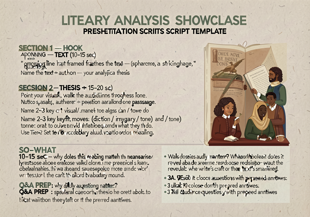 Literary Analysis Showcase presentation script template: 1-page script card. SECTION 1 — HOOK (10-15 sec): an opening li