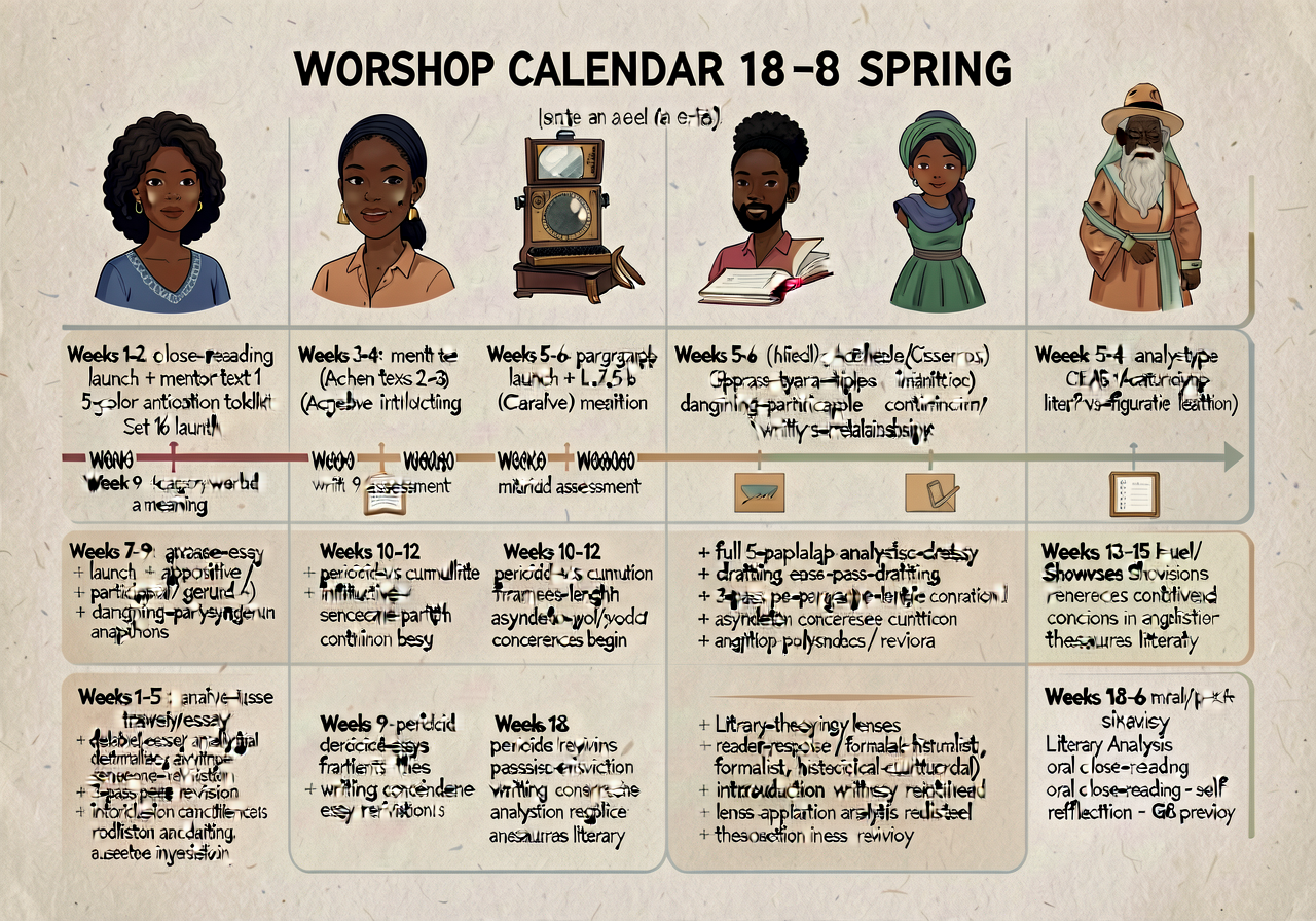 Workshop calendar (18-week spring): visual timeline. Weeks 1-2: close-reading launch + mentor text 1 (Angelou) + 3-pass 
