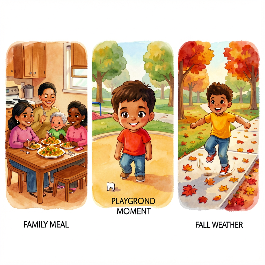 Triptych illustration: panel 1 — multigenerational Latine family eating chilaquiles at a kitchen table; panel 2 — a chil