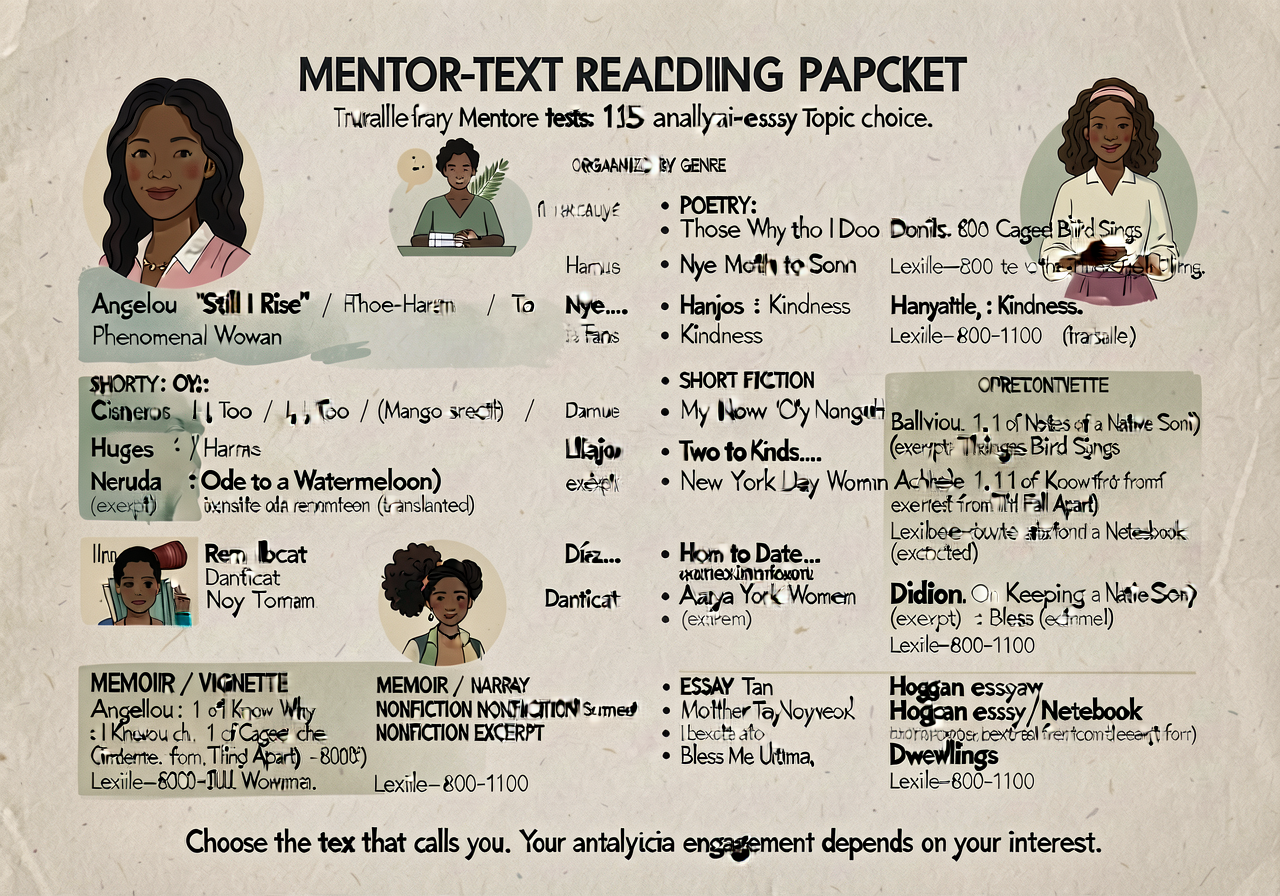 Mentor-text reading packet table-of-contents anchor: 1-page reference listing the 15 curated literary mentor texts avail