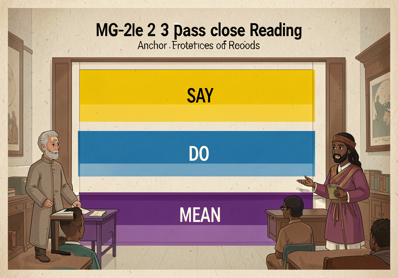 MG-2 3-pass close reading anchor displayed front-of-room: SAY (yellow band) / DO (blue band) / MEAN (purple band) with s