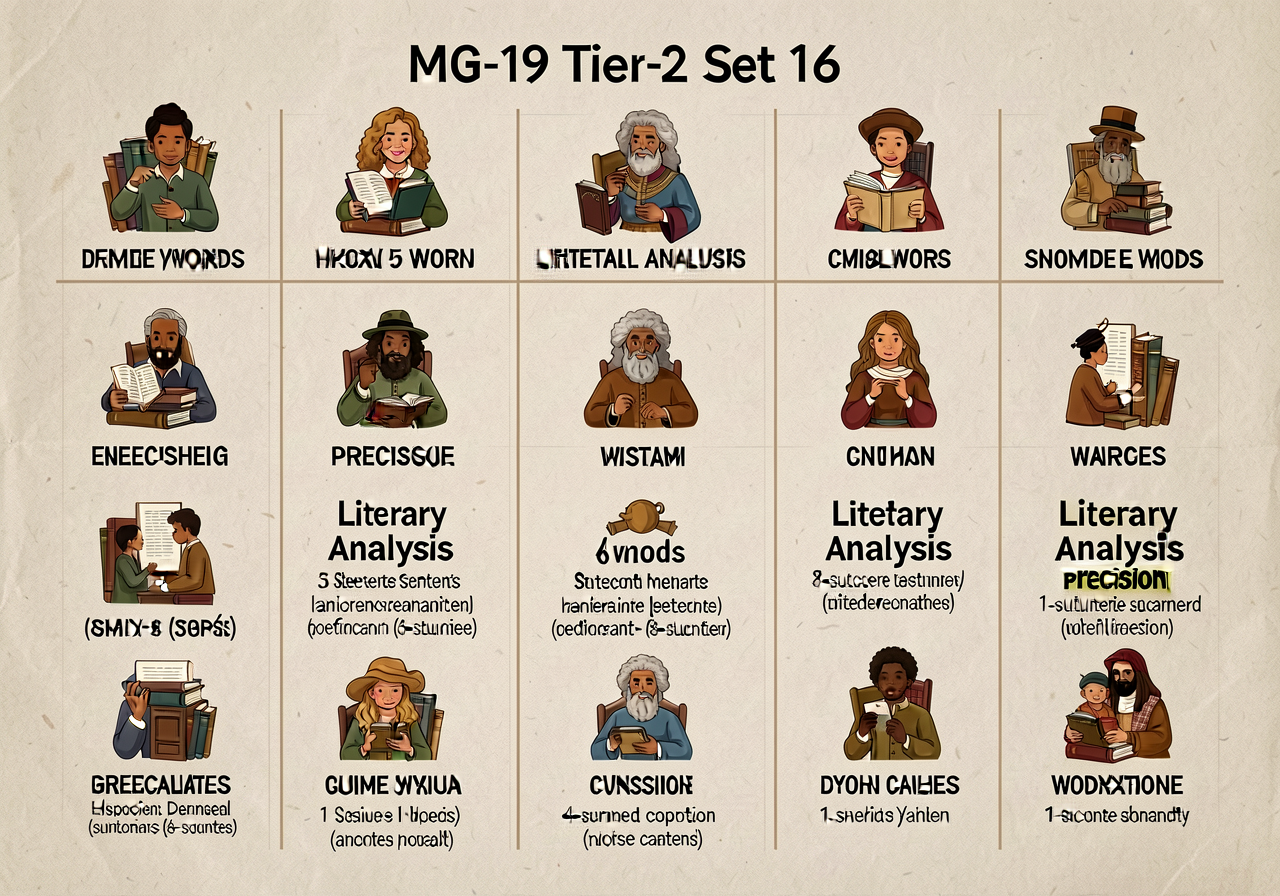 MG-19 Tier-2 Set 16 word grid displayed: 20 literary-analysis precision words with 1-sentence definitions. Today's 5 wor