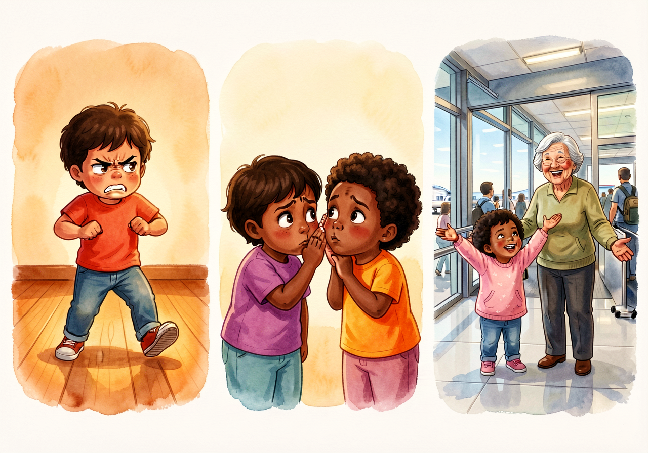 Triptych photograph: panel 1 — a child mid-stomp on a wood floor, arms tight, face frustrated (stomped); panel 2 — two c