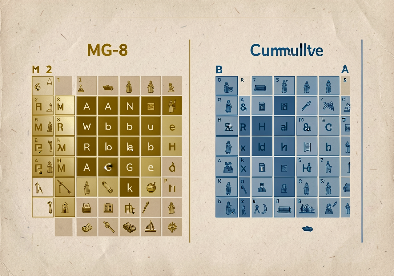 MG-8 anchor displayed: 2-column card with periodic (left, gold) and cumulative (right, blue) examples diagrammed. Print-