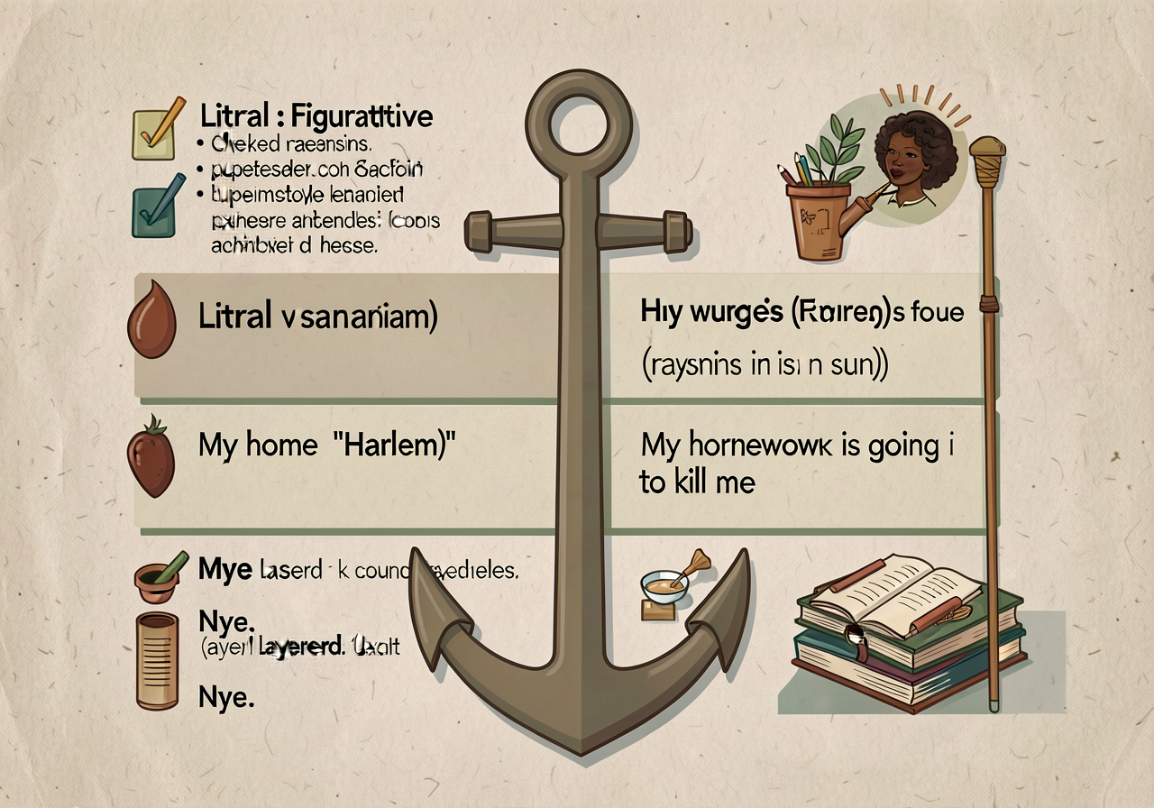 MG-15 anchor: 2-band card with literal vs. figurative checks and worked examples from Hughes 'Harlem' (raisin in sun), '
