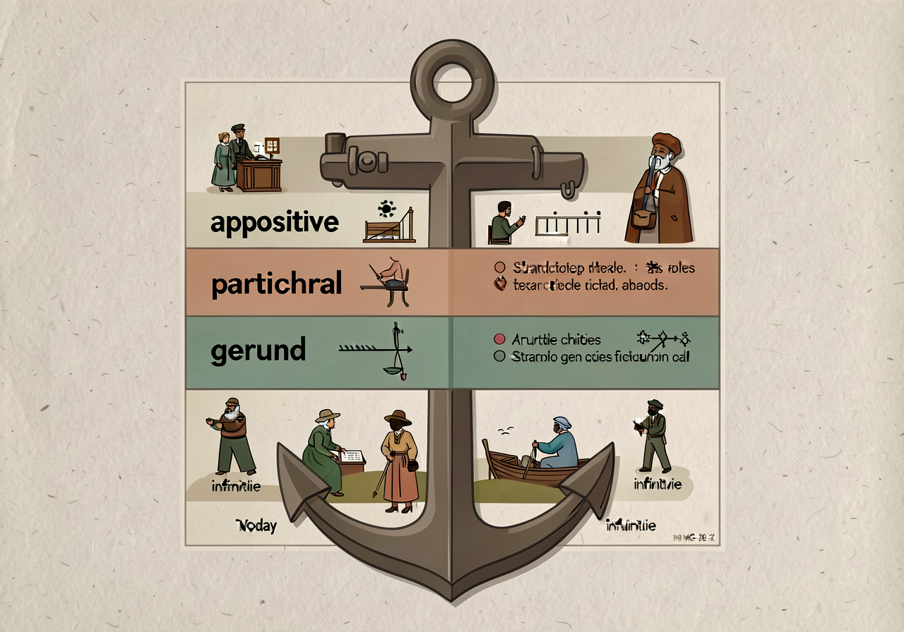 MG-7 anchor displayed: 4-band card showing appositive, participial, gerund, infinitive with structural visualizations an