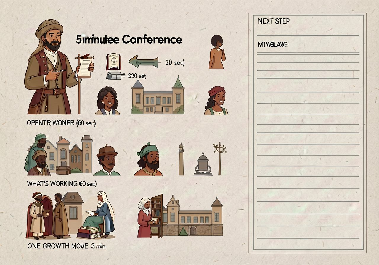 5-minute conference structure card: OPENER (30 sec) / WHAT'S WORKING (60 sec) / ONE GROWTH MOVE (3 min) / NEXT STEP (30 