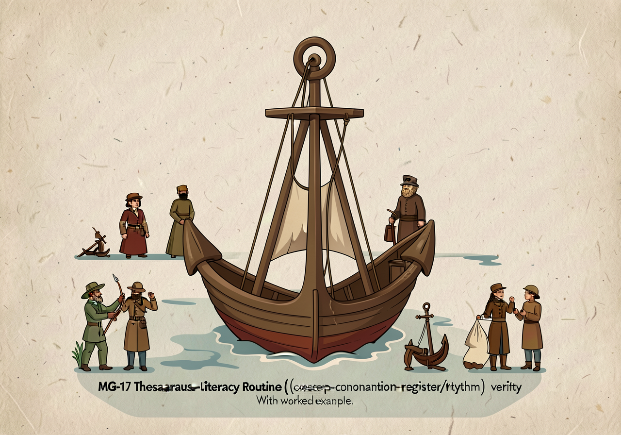 MG-17 anchor: 4-step thesaurus-literacy routine (connotation/register/rhythm/verify) with worked example. Print-ready 11