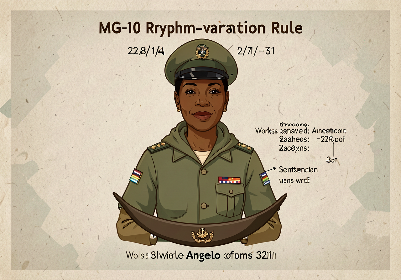 MG-10 anchor: rhythm-variation rule with worked Angelou example showing sentences of 22/8/14/5/31 words. Print-ready 11x