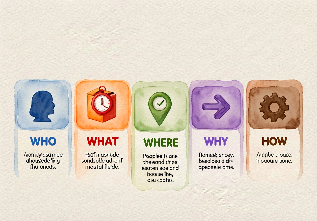 Six-card chart laid out in a row: WHO (silhouette icon, blue), WHAT (box icon, orange), WHEN (clock icon, red), WHERE (p