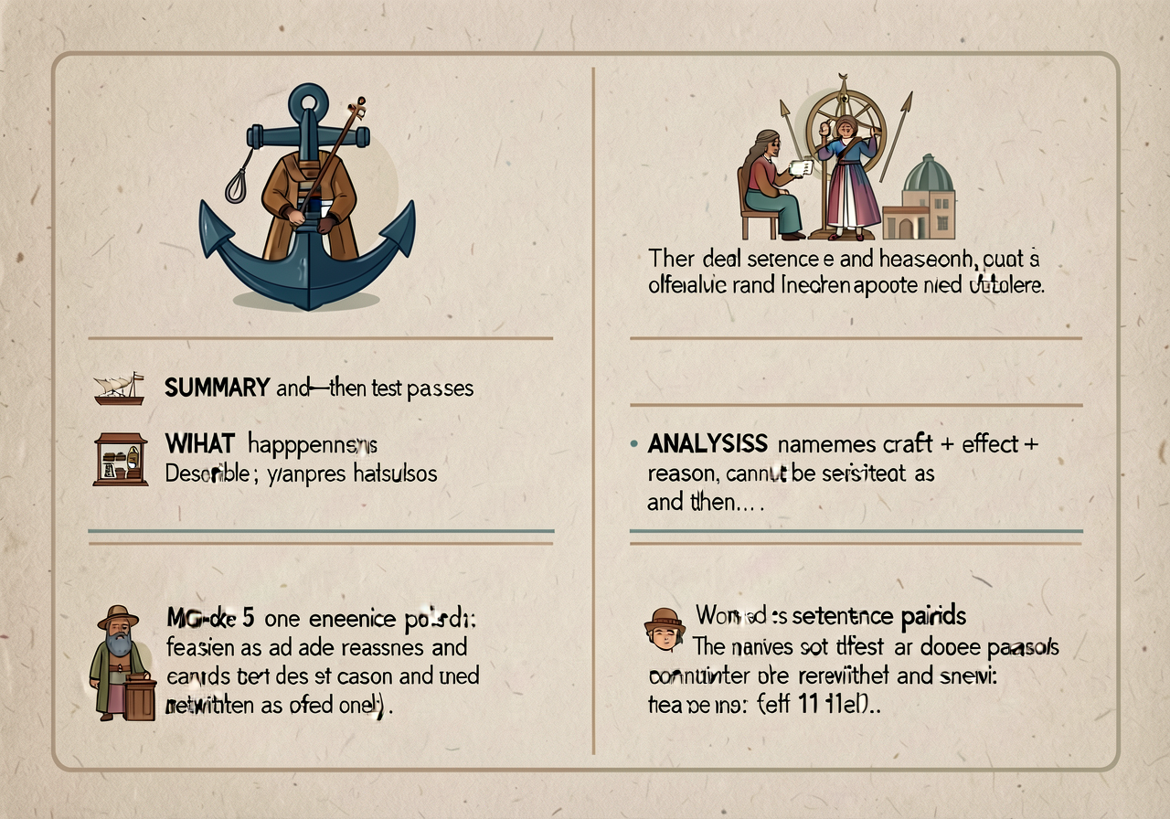 MG-20 anchor: 2-column card — SUMMARY (and-then test passes; describes WHAT happens) / ANALYSIS (names craft + effect + 