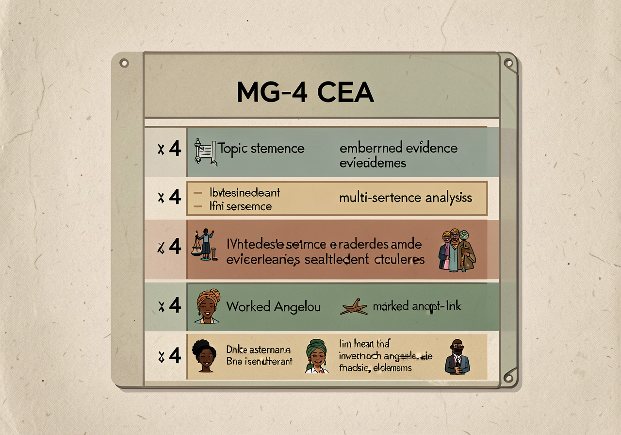 MG-4 CEA anchor displayed: 4-band card with topic sentence / embedded evidence / multi-sentence analysis / link. Include