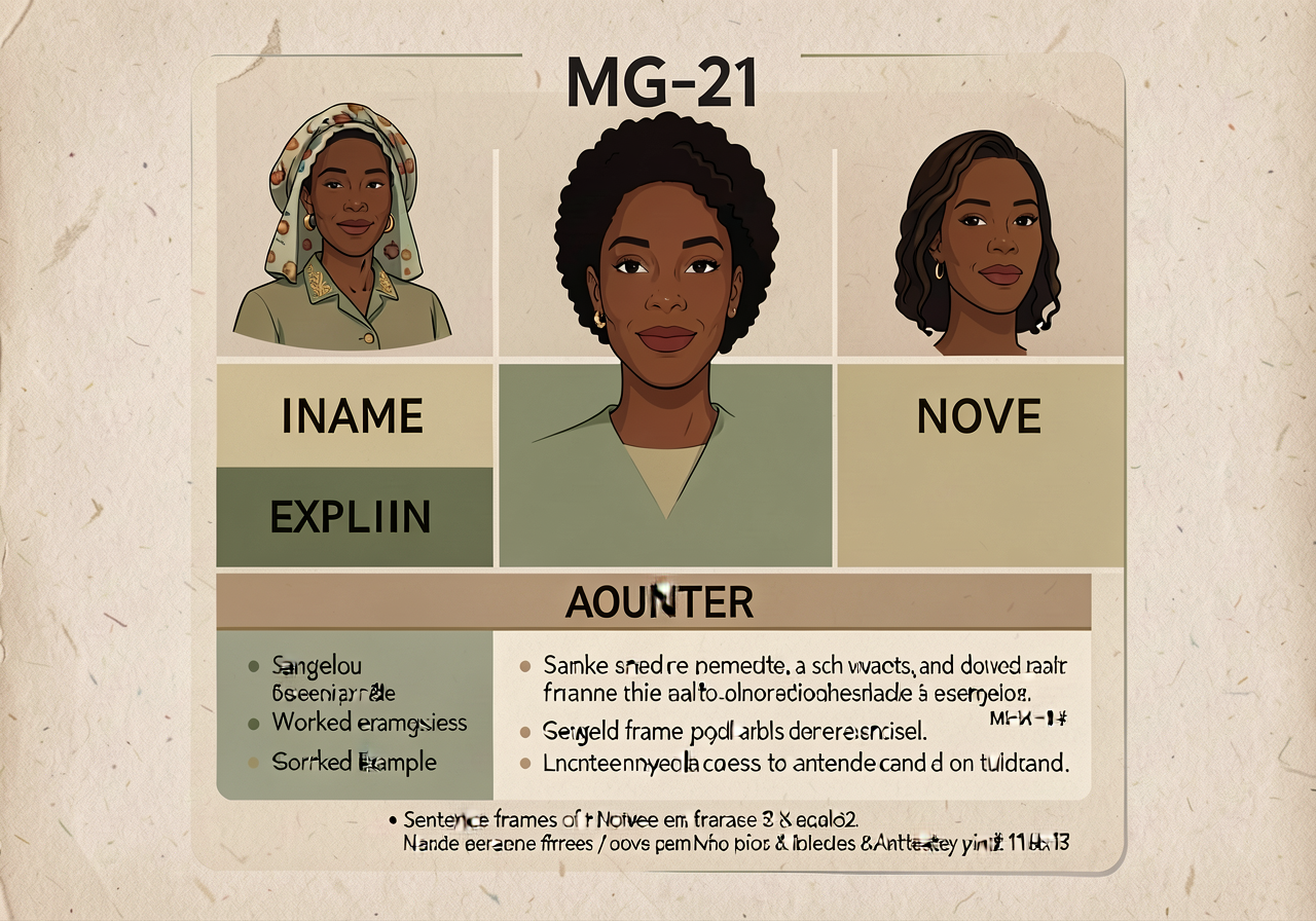 MG-21 anchor: 3-band card with NAME / EXPLAIN / COUNTER moves and worked example on Angelou. Sentence frames per move. P