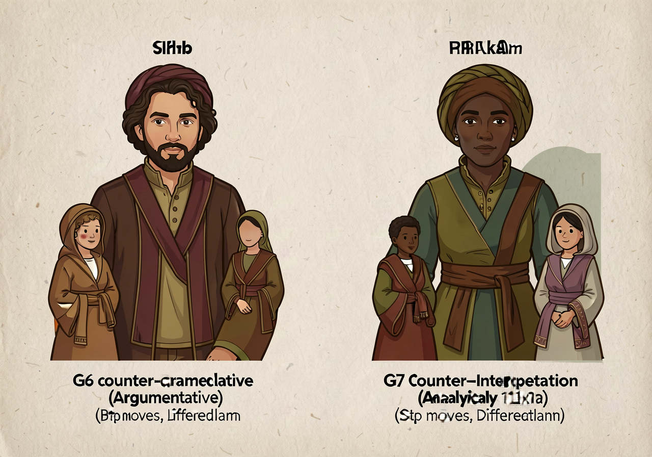 Side-by-side anchor: G6 counterclaim (argumentative) vs. G7 counter-interpretation (analytical). Same moves, different r