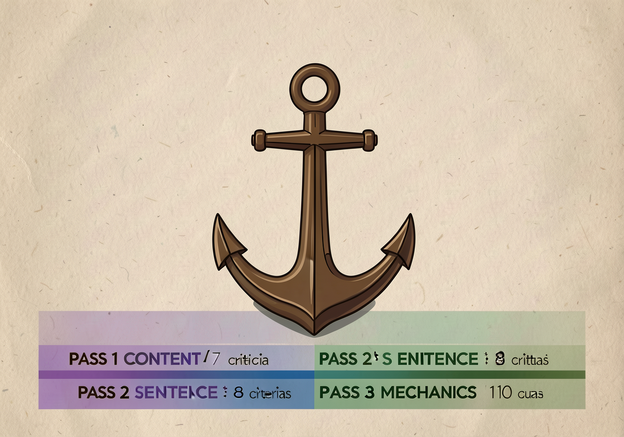 MG-23 anchor: 3-band card with Pass 1 CONTENT (7 criteria) / Pass 2 SENTENCE (8 criteria) / Pass 3 MECHANICS (10 criteri