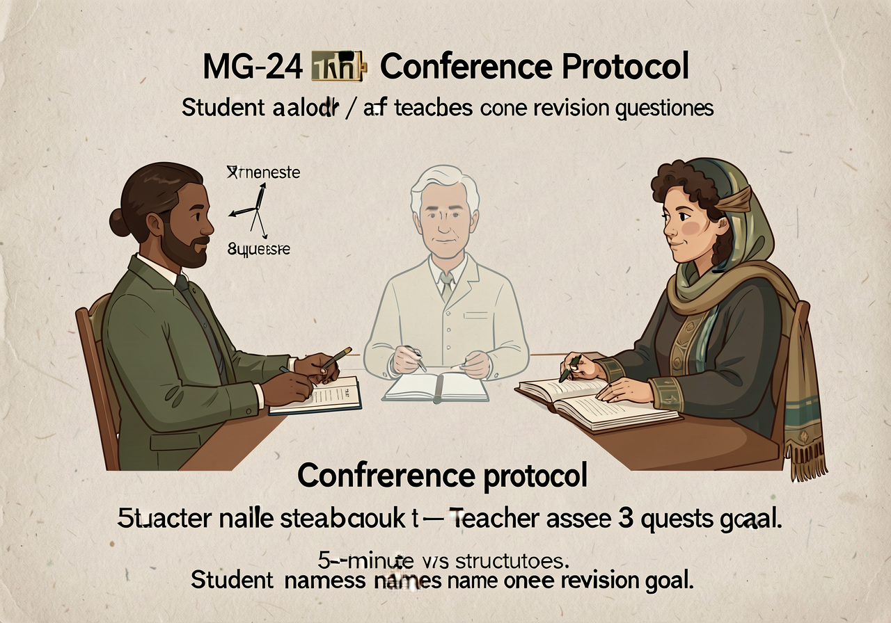 MG-24 anchor: conference protocol — student reads aloud / teacher asks 3 questions / student names one revision goal. 5-