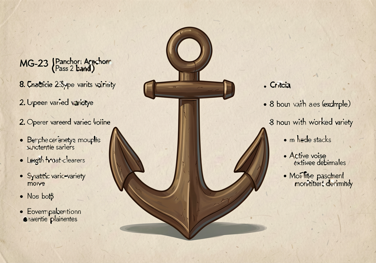 MG-23 anchor (Pass 2 band) displayed: 8 criteria with worked examples — sentence-type variety, opener variety, length va